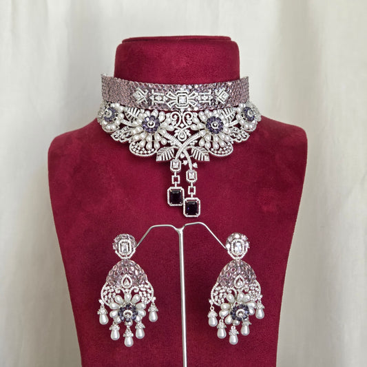 Pearl Floral Rhodium Choker Necklace Set
