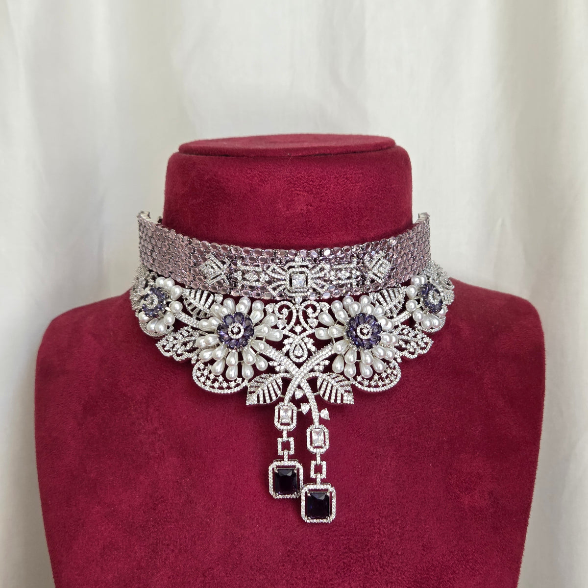 Pearl Floral Rhodium Choker Necklace Set
