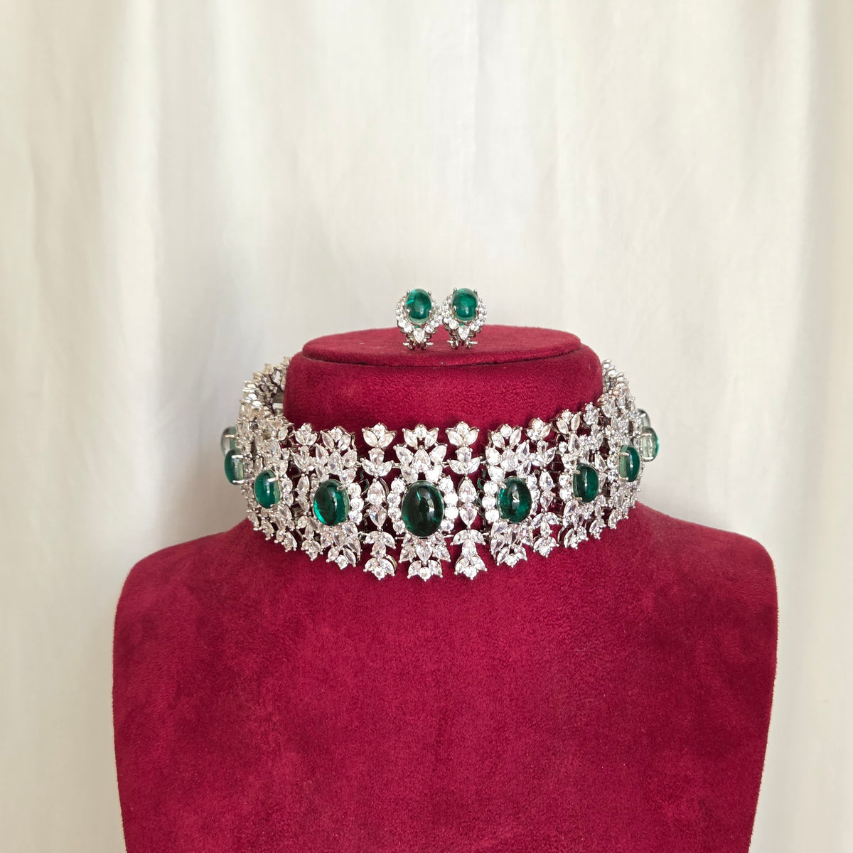 Green Floral Zircon Choker Necklace Set