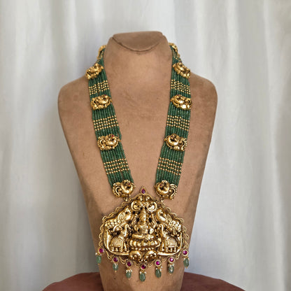 Temple Lakshmi Green Beaded Long Necklace Set