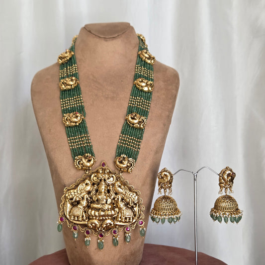 Temple Lakshmi Green Beaded Long Necklace Set