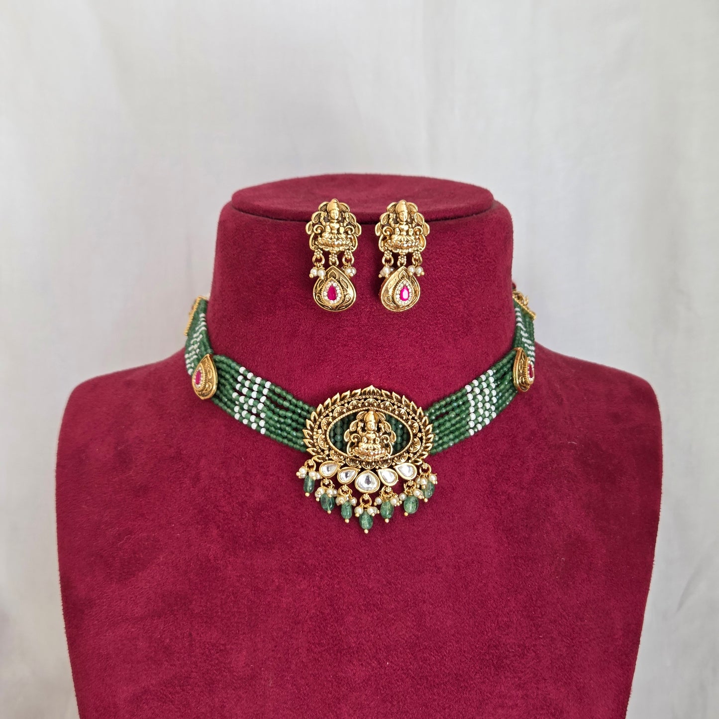 Temple Lakshmi Green Beaded Choker Set
