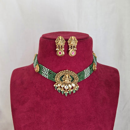 Temple Lakshmi Green Beaded Choker Set