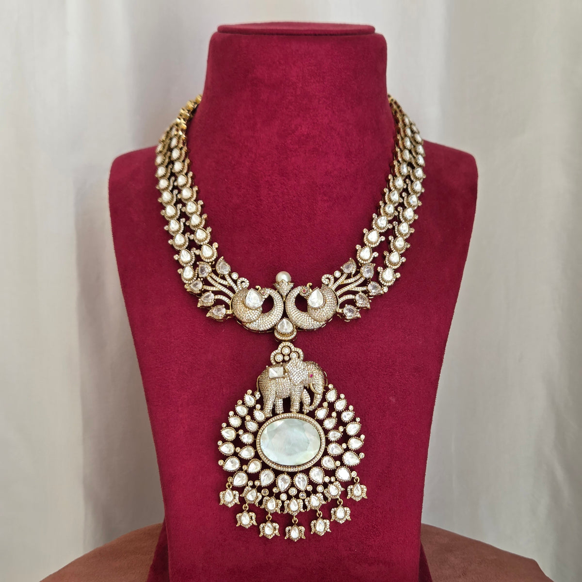 Peacock & Elephant Motif Polki Bridal Necklace Set