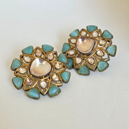 Aqua Stone Kundan Stud Earrings
