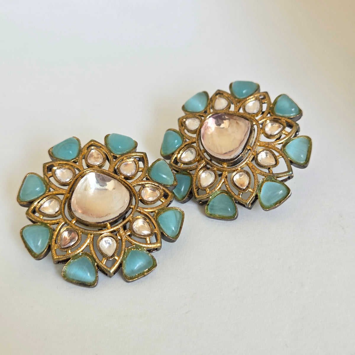 Aqua Stone Kundan Stud Earrings