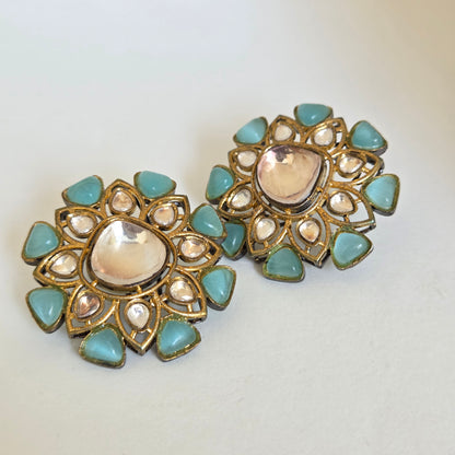 Aqua Stone Kundan Stud Earrings