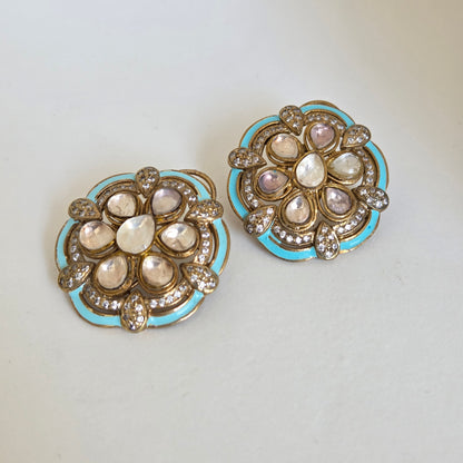 Turquoise Enamel Kundan Floral Stud Earrings