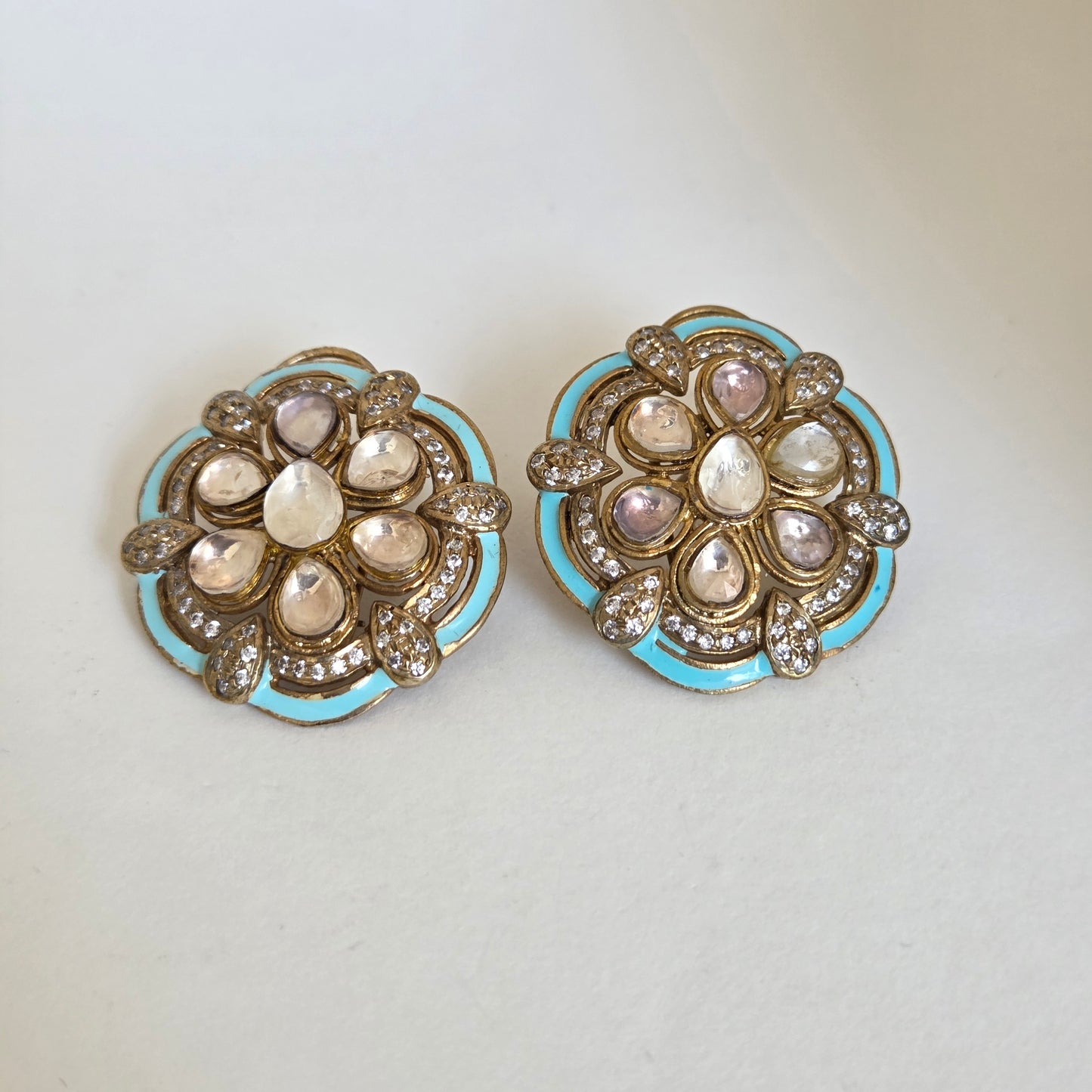 Turquoise Enamel Kundan Floral Stud Earrings