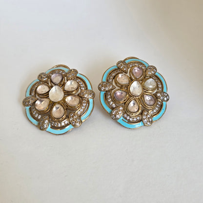 Turquoise Enamel Kundan Floral Stud Earrings