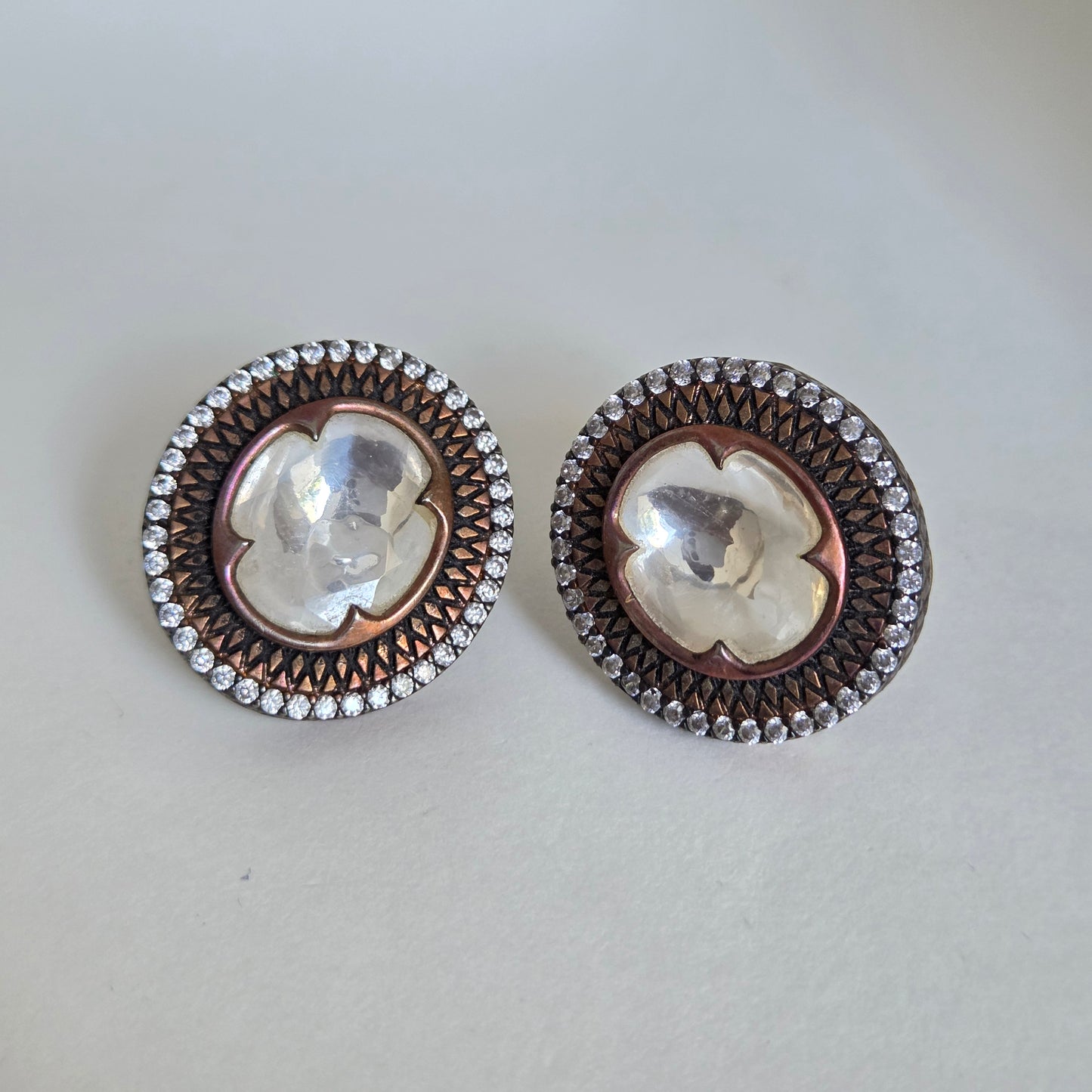 Two Tone Kundan Antique Floral Stud Earrings