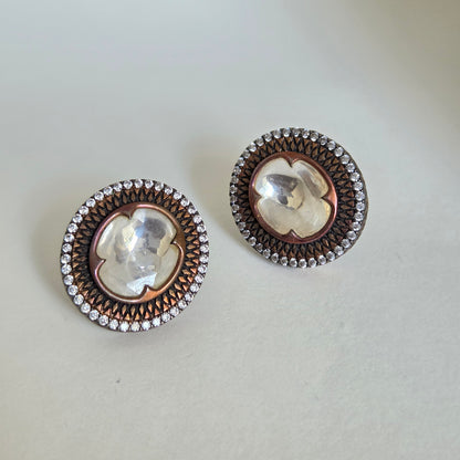 Two Tone Kundan Antique Floral Stud Earrings