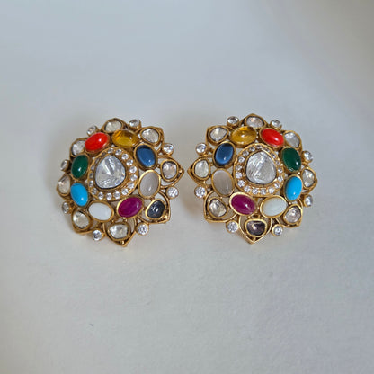 Multicolour Kundan Floral Stud Earrings
