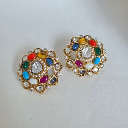 Multicolour Kundan Floral Stud Earrings