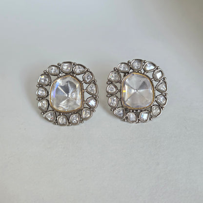 Silver Finish Kundan Round Halo Studs