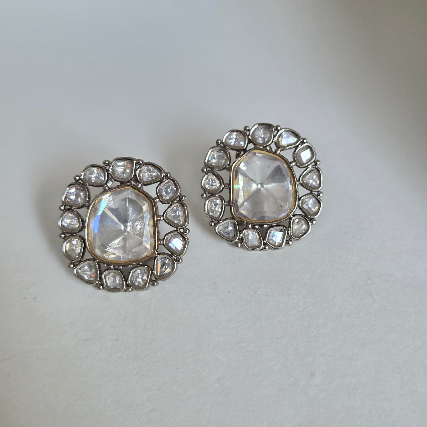 Silver Finish Kundan Round Halo Studs