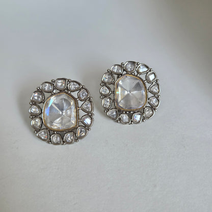 Silver Finish Kundan Round Halo Studs