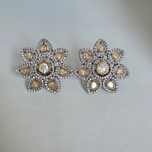 Two-Tone Kundan Floral Stud Earrings
