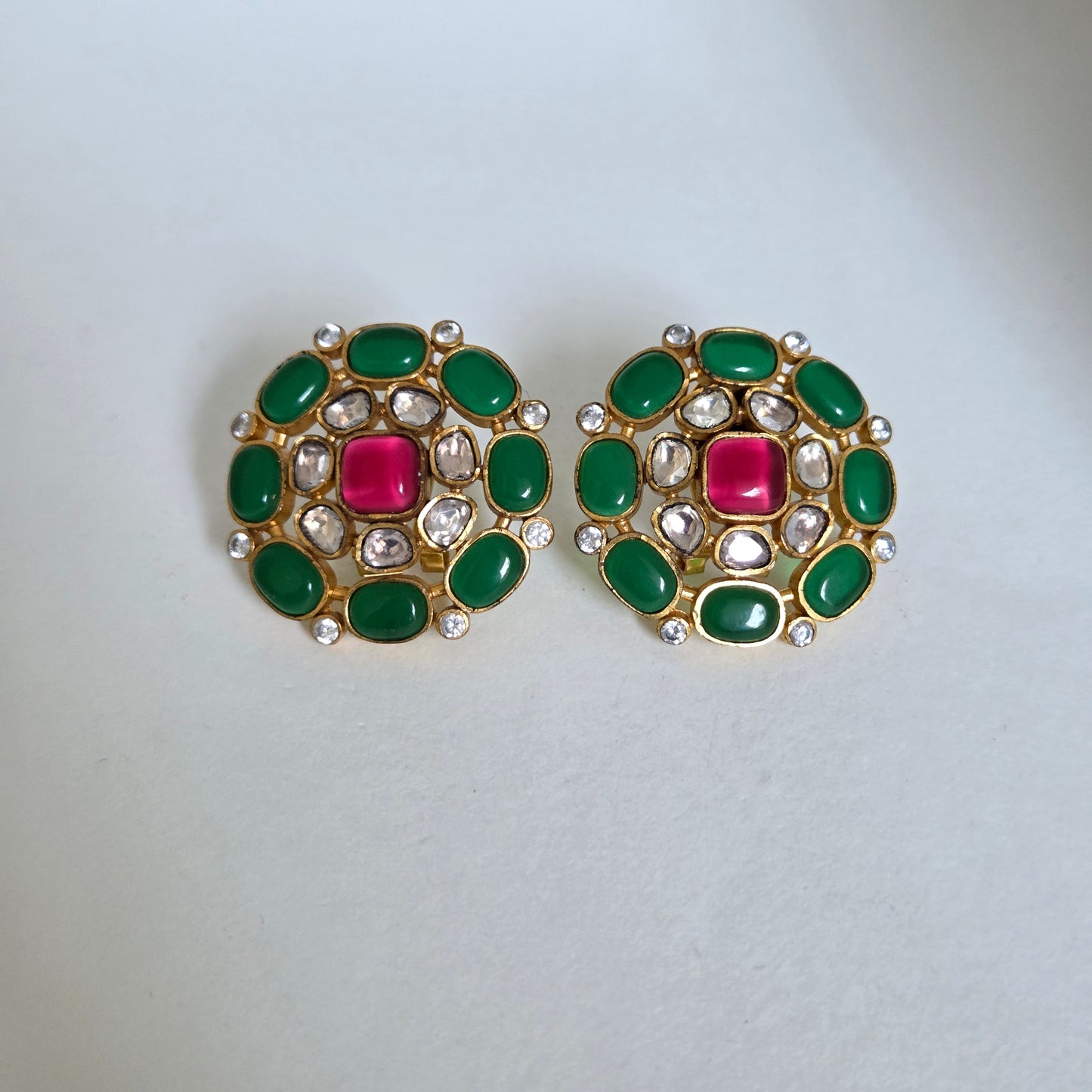 Green Pink Kundan Round Studs