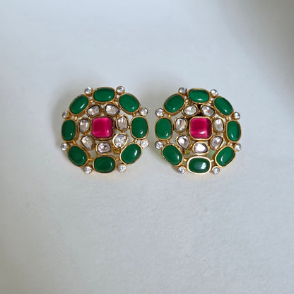 Green Pink Kundan Round Studs