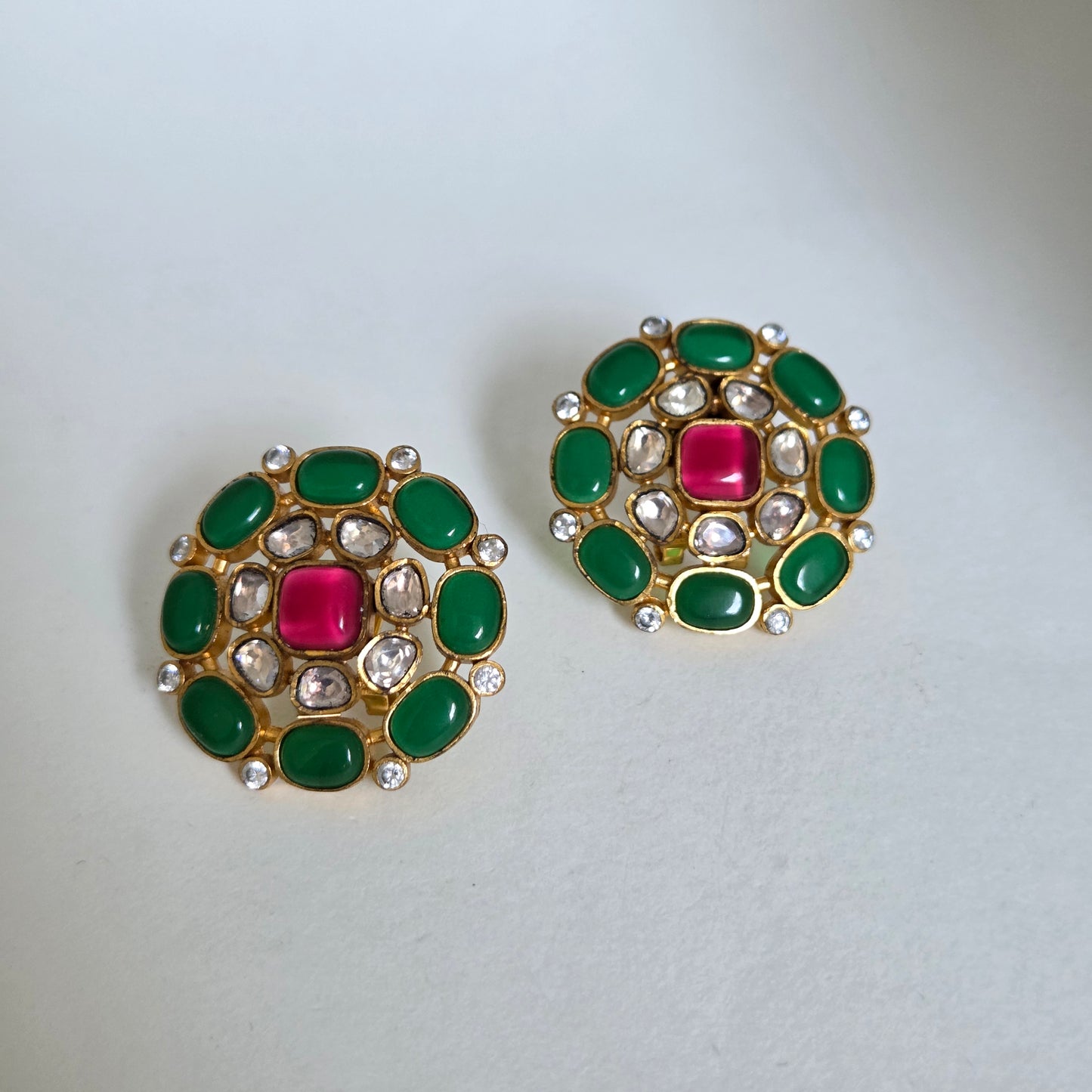 Green Pink Kundan Round Studs