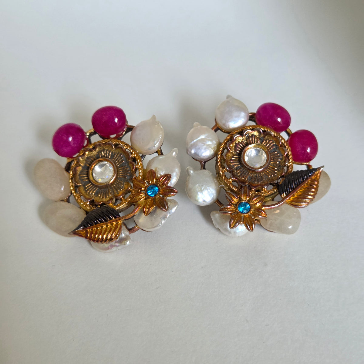 Pearl Ruby Floral Gold Stud Earrings