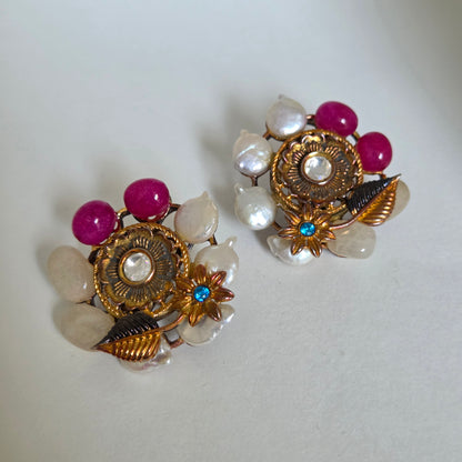 Pearl Ruby Floral Gold Stud Earrings