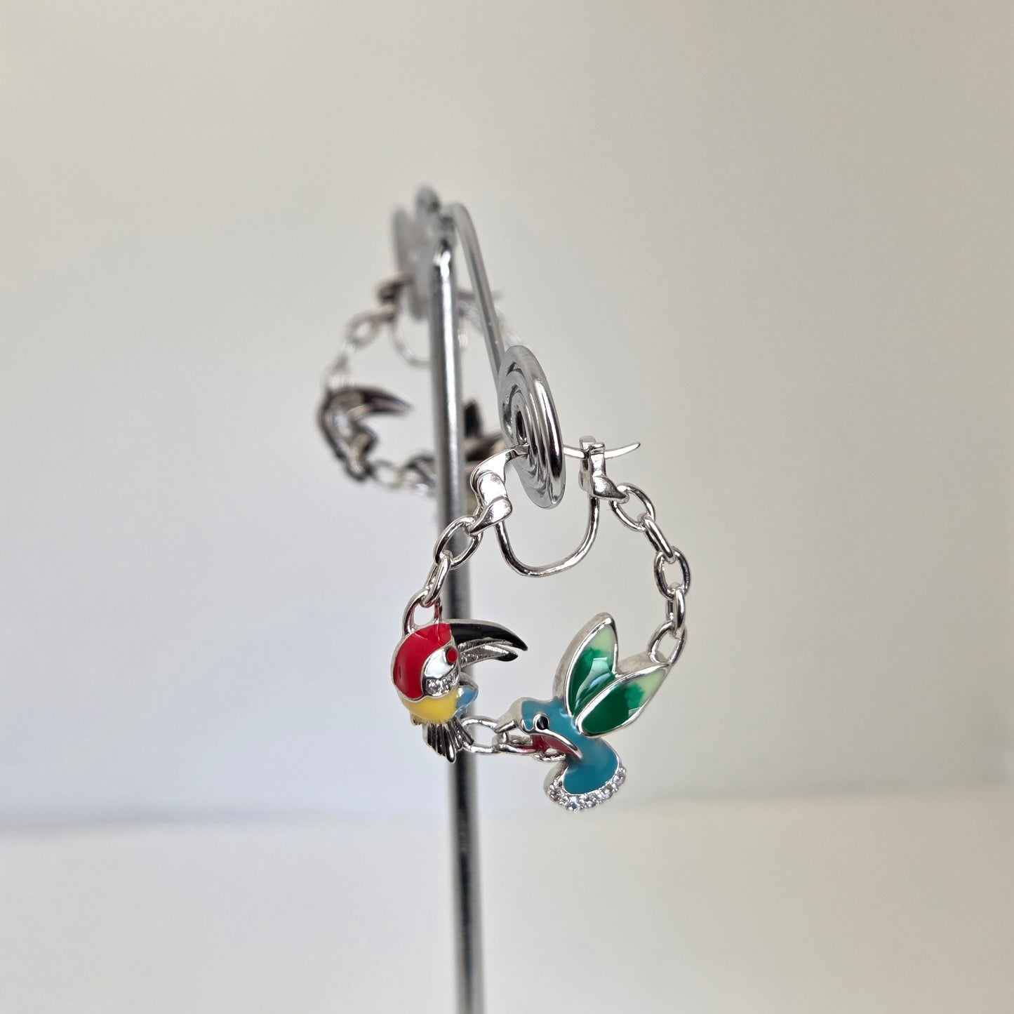Silver Finish Enamelled Bird Charm Earrings