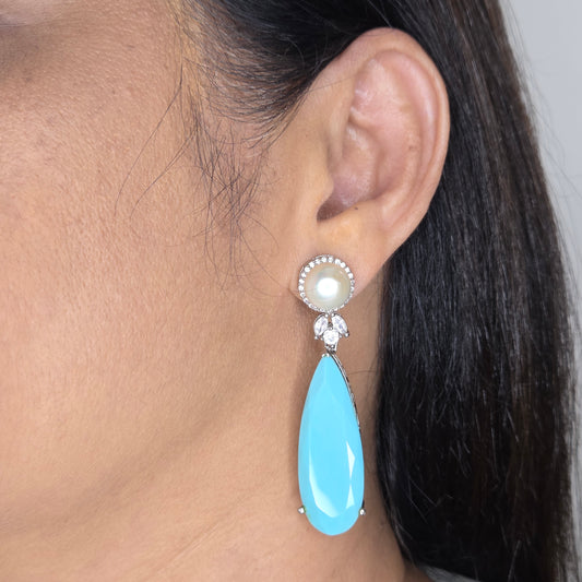 White Finish Pearl and Turquoise Earrings