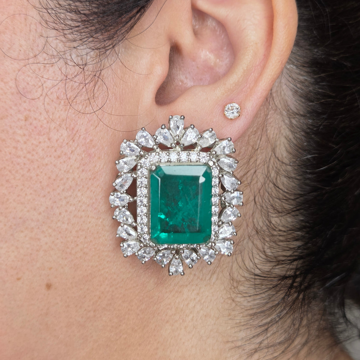 Zircon and Emerald Doublet Stud Earrings