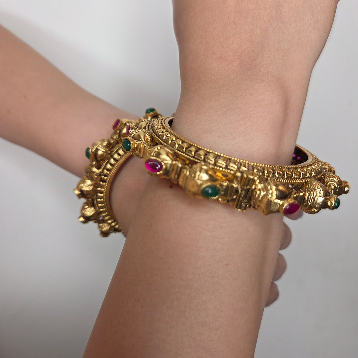 Gold Finish Ruby & Emerald Carved Bangle Set