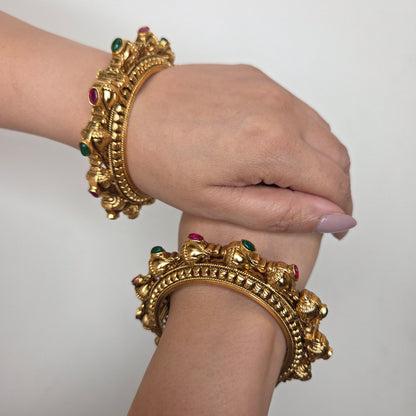 Gold Finish Ruby & Emerald Carved Bangle Set