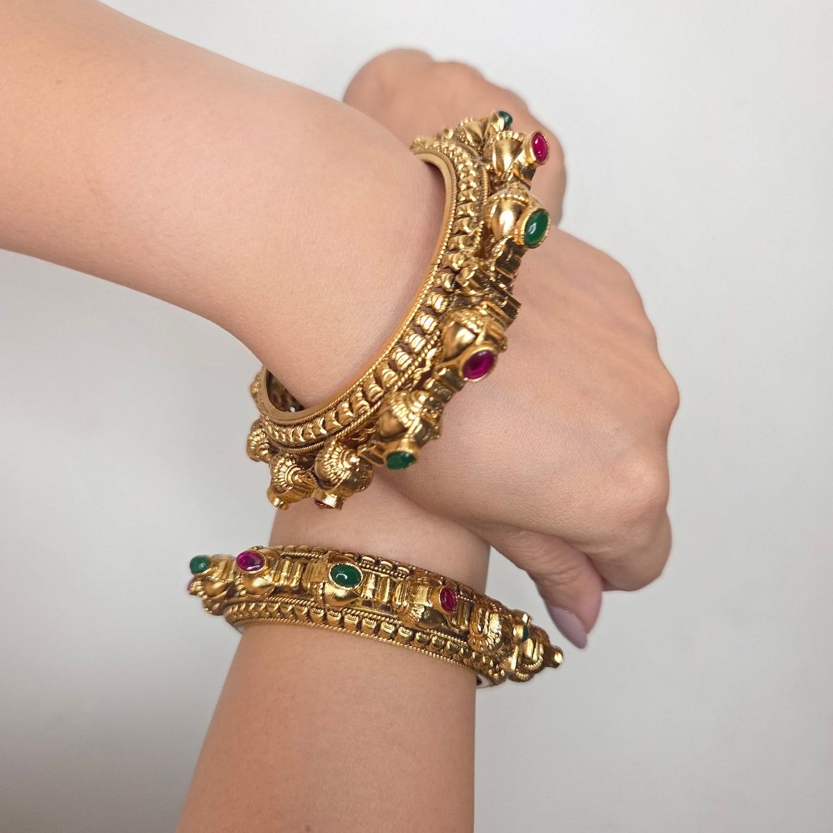 Gold Finish Ruby & Emerald Carved Bangle Set