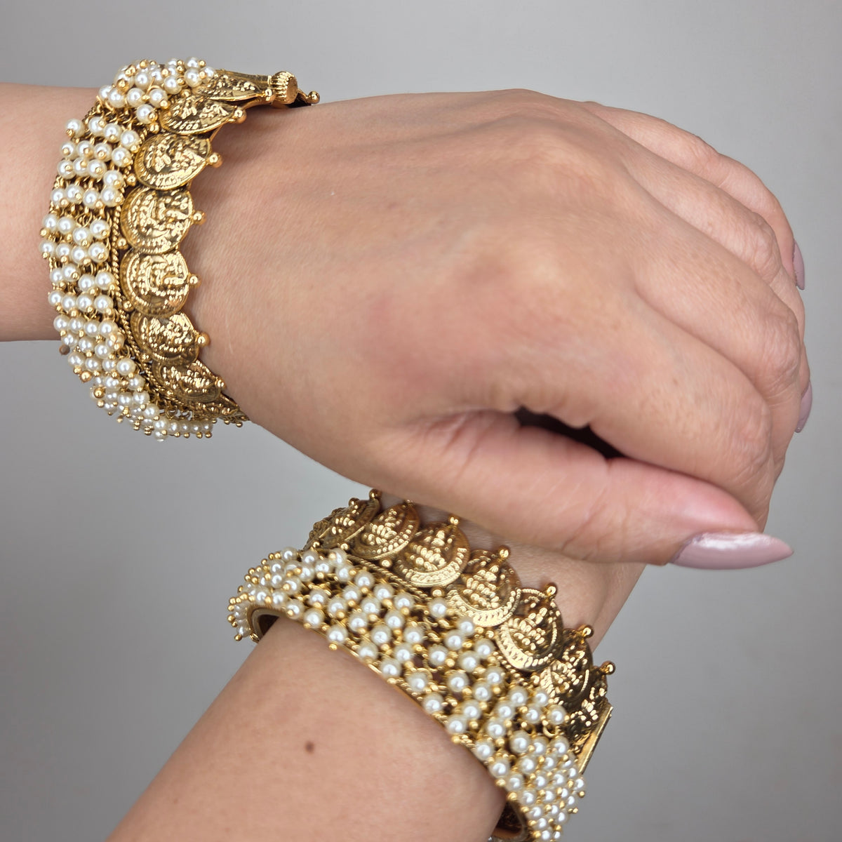 Pearl & Lakshmi Motif Gold Tone Bangle