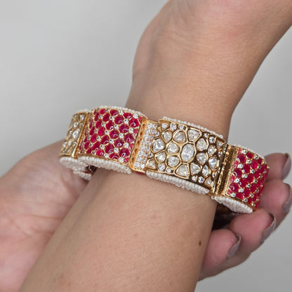 Ruby & White Polki Gold Finish Bangle