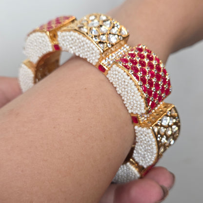 Ruby & White Polki Gold Finish Bangle