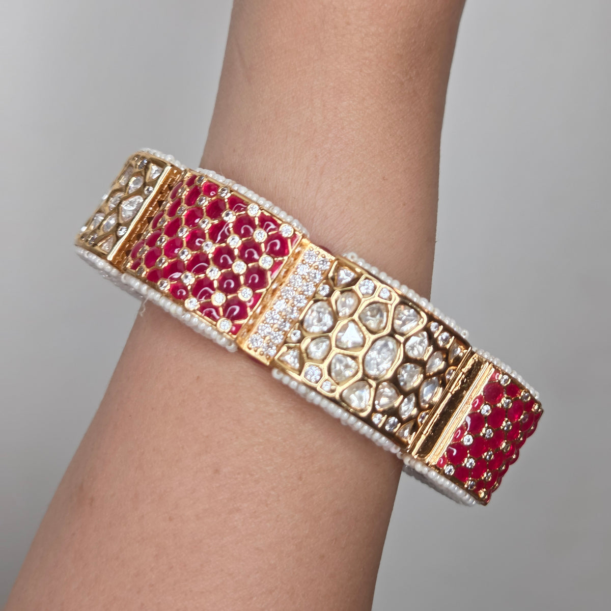 Ruby & White Polki Gold Finish Bangle
