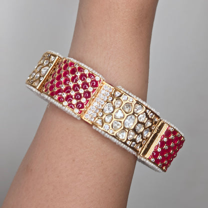 Ruby & White Polki Gold Finish Bangle