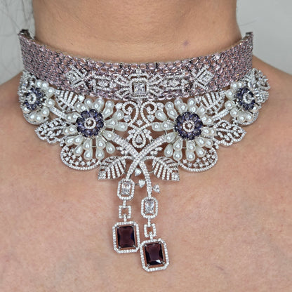 Pearl Floral Rhodium Choker Necklace Set