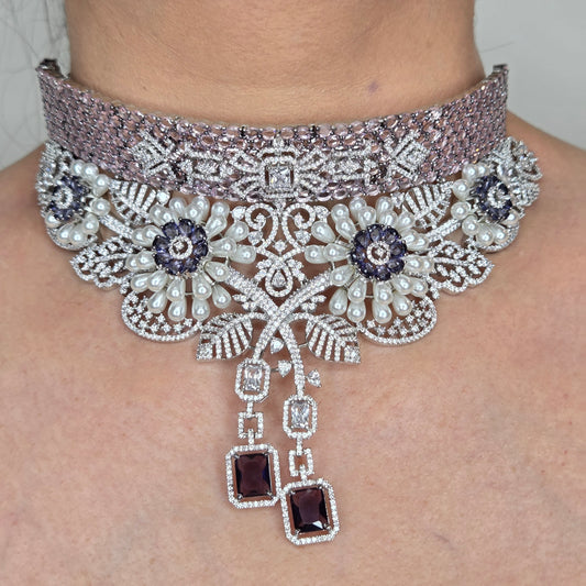 Pearl Floral Rhodium Choker Necklace Set
