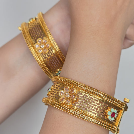 Gold Finish Filigree and Enamel Studded Broad Bangle Set
