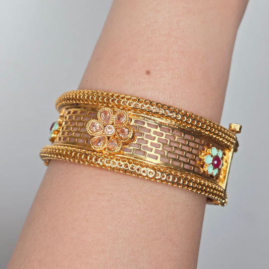Gold Finish Filigree and Enamel Studded Broad Bangle Set