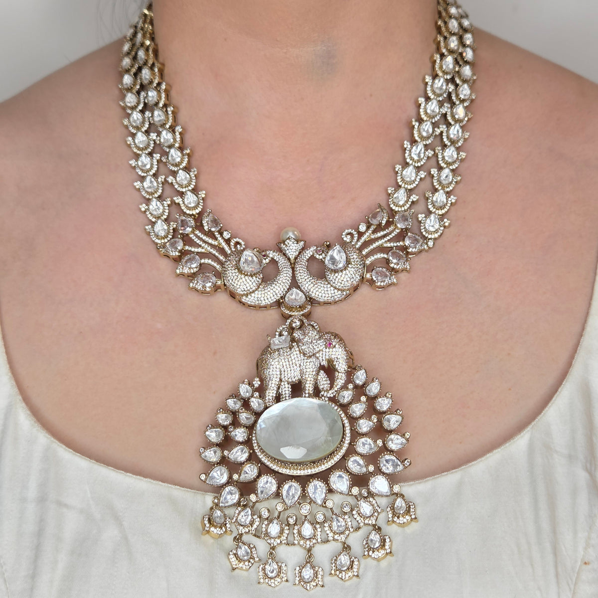 Peacock & Elephant Motif Polki Bridal Necklace Set