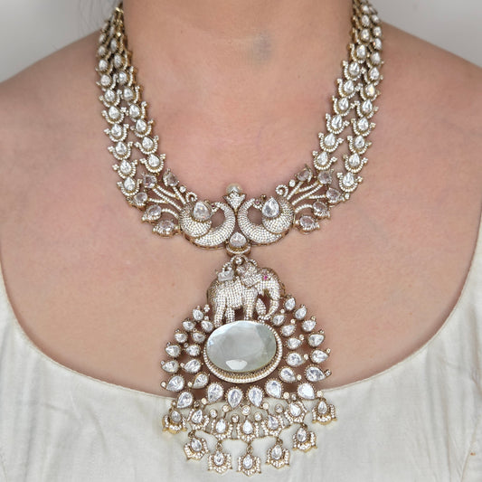 Peacock & Elephant Motif Polki Bridal Necklace Set