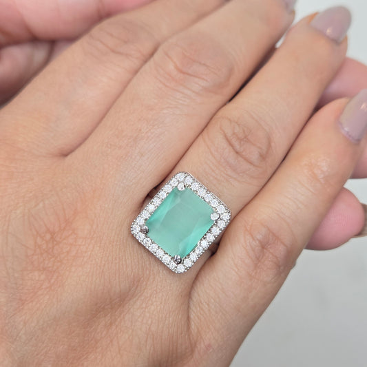 Aqua Zircon Solitaire Halo Ring