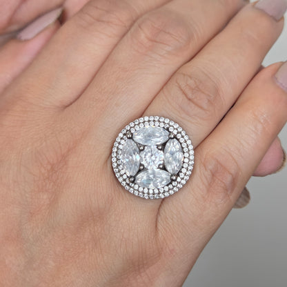 Black Rhodium Finish Flower Zircon Ring