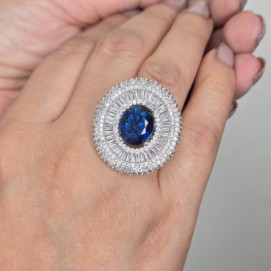Blue Stone Oval Halo Zircon Ring