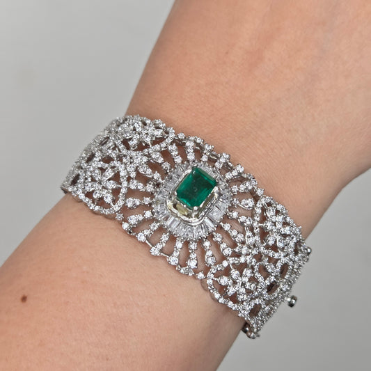 Openable Broad Bracelet With Zircon and Central Synthetic Emerald
