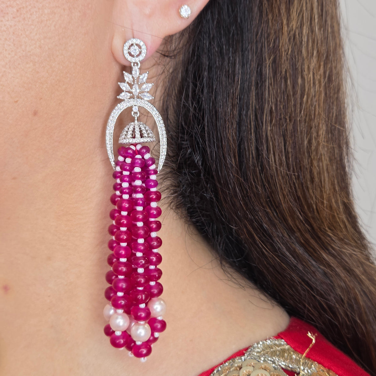 Pink Tassel Earrings with Zircon Motif