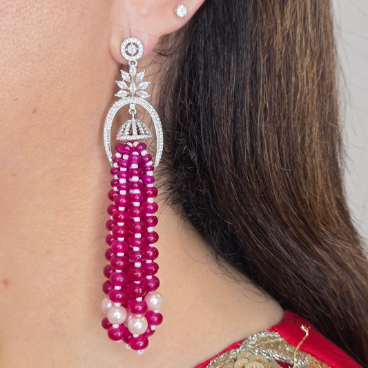 Pink Tassel Earrings with Zircon Motif